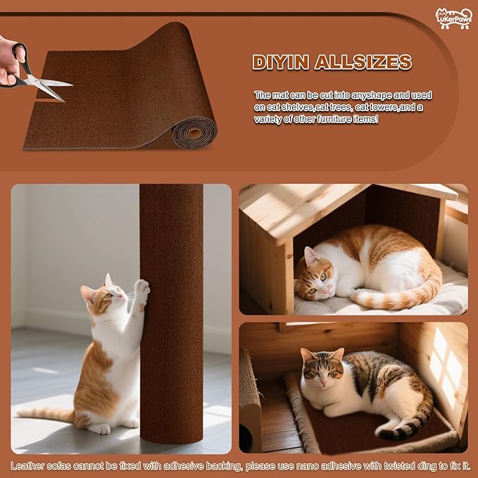 Cat Scratch Mat, Self-Adhesive Trimmable cat Scratch Furniture Protector for Couch, cat Scratch pad，cat Tree，DIY Climbing Carpet for Cat Tower Replacement Pads (Black, 39.4" x 15.8")
