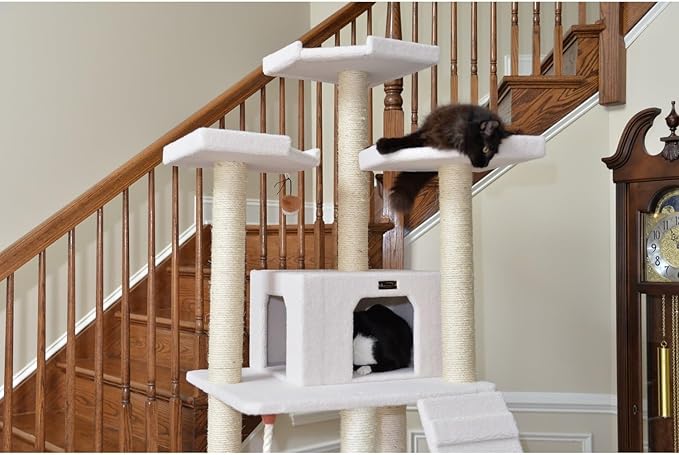 Asian Allure Classic Cat Tree in Ivory, Galaxy Approved, Multi Levels with Ramp, Three Perches, Rope Swing, Two Condos