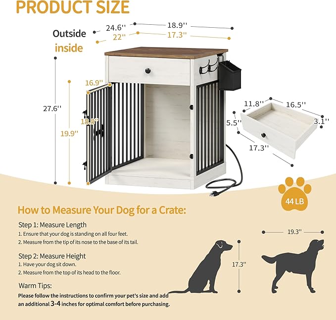 24.6'' Dog Crate Furniture with Charging Station, Dog Kennel Indoor with Flip-Top Storage, Wooden Pet Cage Dog House End Side Table for Small Dogs Anti-Chew Anti-Escape, White Brown DFC90114B