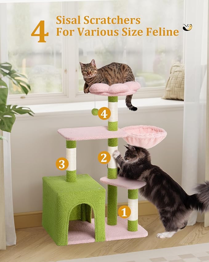 Flower Cat Tree for Indoor Cats, 2-Door Large Cat Condo Cave Bed for Big Adult Cats, 41.2'' Cute Cat Tower with Scratching Posts, Cozy Floral Perch and Hammock for Kittens, Green Pink