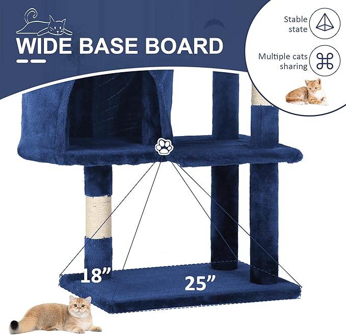 36" Multi-Level Cat Tree Tower with Scratching Posts, Toys & Condo - Space-Saving Design for Indoor Kittens, Compact Floor Footprint & Vertical Space for Multi-Cat Homes-Navy Blue