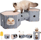 Cat Tunnel House for Indoor Cats, w/Hair Brush, DIY Expandable Modular Felt Pet Castle, Hidey Kitten Perch Condo, Large Stackable Kitty Cave, XL Two Story Sleeping Small Dogs Puppy Bed, 2 Tier Nest