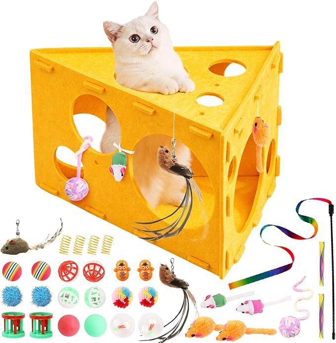 Cat House with 32 Toys, Cheese Cats Cave Hideout with Interactive Holes, Foldable Pet Activity Center, Playhouse Bed with Wand & Balls for Indoor Kitten