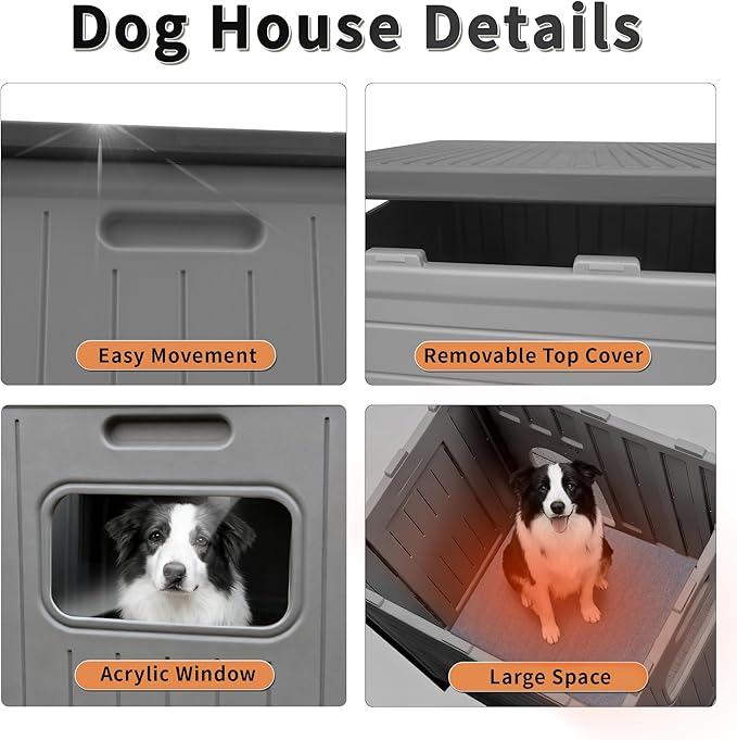 Rockever Dog House Outdoor Indoor for Large Dogs, Insulated Dog House with Mat, Plastic Elevated Outdoor Dog House Waterproof Dog Kennel with Window, Clean Easily(L & Mat)
