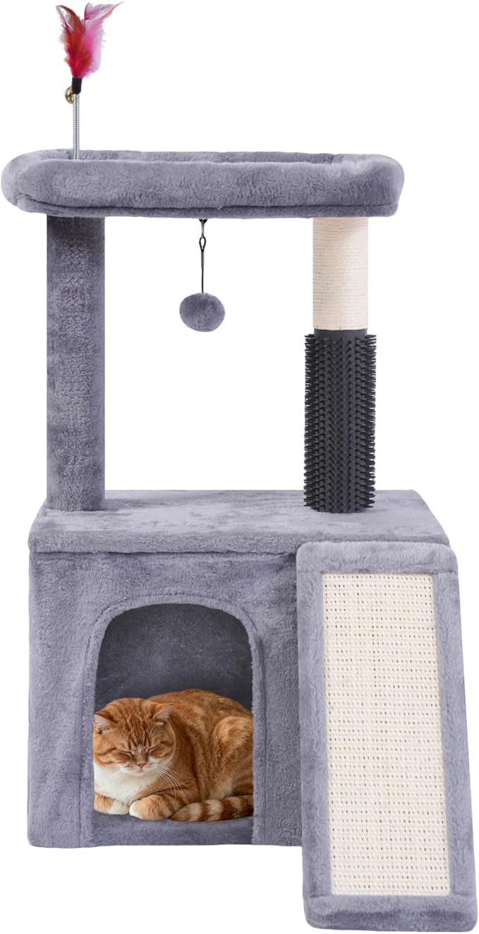 Cat Tree with Self-Grooming Brush and Interactive Toys, Cat Tree Tower for Indoor Cats, Cat Tower with Sisal Scratching Post and Scratching Pads, Cat Condo with Padded Perch, Grey