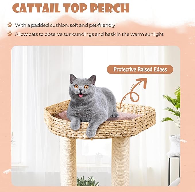 Tangkula Modern Cat Tree, 52 Inch Cattail Cat Tower with Sisal Scratching Posts, Perch, Condo, Plush Dangling Ball, Removable & Washable Cushion, Aesthetic Cat Tree for Indoor Cats (52 Inch, Cattail)
