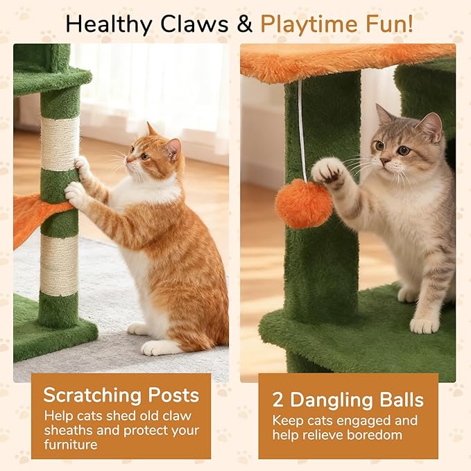 DORTALA Cat Tree for Indoor Cats, 44" Modern Cat Tower with Top Perch, Condo, Hammock, Sisal Scratching Posts, Dangling Balls, Platforms, Multi-level Pet Climbing Furniture Playground (Green & Orange)