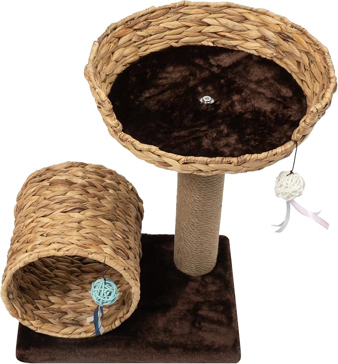 Double-Decker Cat Tree with Cat Tunnel & Perch, Sisal Scratching Post & Toy Balls, Modern Brown 15.7x12.2x19.7inch, Space-Saving Design