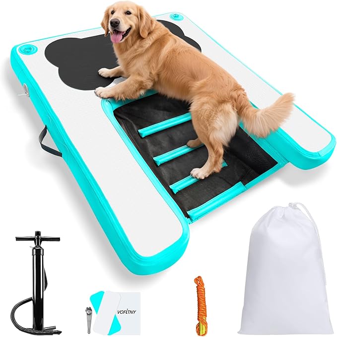 VOFiTNY Dog Pool Ramp 4.6ft x 3.3ft x 4in Inflatable Puppy Water Raft Plank Portable Pup Mat Floating Doggy Floats Ladder Boat Lake Cyan