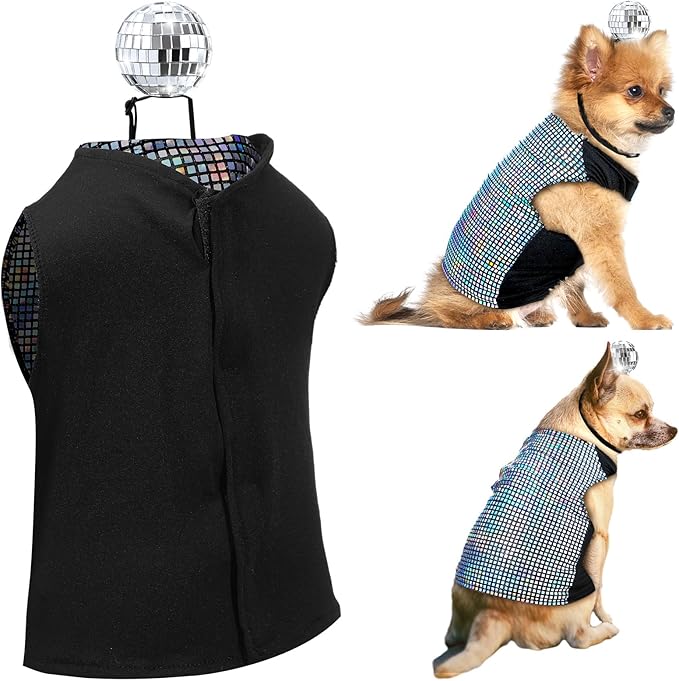 Disco Sequins Dog Costume Set Dog Holographic Shiny Shirt with Disco Ball Headband 80s 70s Party Pet Outfits Glitter Halloween Christmas Cosplay Clothes for Puppy Cat(S)