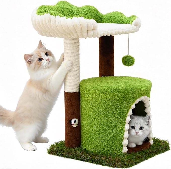 Multi-Level Cat Tree with Sisal Scratching Post, Small Cat Tower with Cozy Condo, Soft Top Perch and Interactive Toy Mouse, Cute Forest Design Cat Furniture for Indoor Cats and Kittens