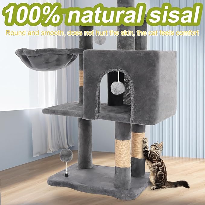 Cat Tree Tower with Metal Frame Hammock, 40'' Cat Trees for Indoor Cats Large Adult, Cat Towers with Scratching Post, Cats Condo Furniture with Cloud Top Perch, Cats Climbing Tower for Kittens(Grey)
