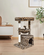SYANDLVY Small Leopard Print Cat Tree for Indoor Cats, Cat Tower with Scratching Post, Modern Cat House with Padded Perch, Kittens Condo with Cradle, Cat Cave