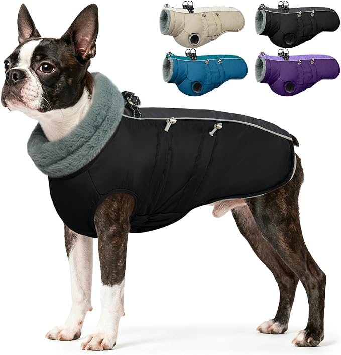IDOMIK Warm Dog Coat with Harness, Waterproof Reflective Dog Jackets for Small Medium Large Dogs, Fleece High Collar Winter Jacket with Zipper, Pet Winter Snowsuit Clothes for Cold Weather,Black S