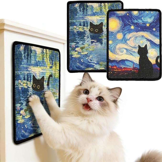 2PCS Cat Scratcher Wall Art, Sisal Home Decor Cat Scratch Mats, Wall Mount Kitten Scratching Pad with Hoop and Loop Adhesives, Cardboard Post Alternative for Indoor, Starry Night+Water Lilies