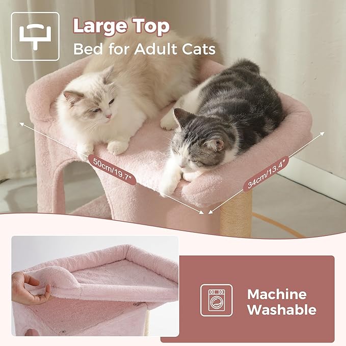 Pink Cat Tree Tower for Large Cats with Large Top Bed 20x13.8”Private Cat Condo,Sisal Scratching Post and Ramp and Self Groomer and Spring Ball-Pink