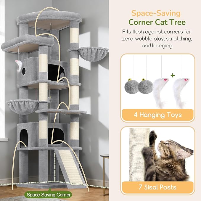 Globlazer Extra Large Heavy Duty Cat Tree, 80in Tall Sturdy Cat Tree Tower for Multiple Indoor Cats Large Adult with Scratching Posts, 2 Spacious Condos with Padding, 2 Soft Perches, S80C, Light Grey