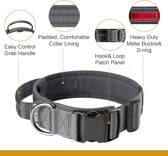 OneTigris Tough Dog Collars, Tactical Dog Collar with Handle, Milltary Adjustable Dog Collar with Heavy Duty Metal Buckle for Training (Medium,Gray)