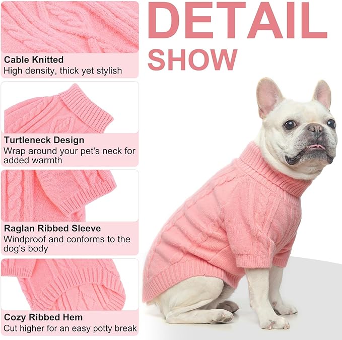 BEAUTYZOO Small Dog Sweater-Dog Sweatshirt Pullover Cable Knit Wear Classic Turtleneck Thick Cold Weather Clothes for Small Dogs,Medium Dogs,Pink Cable M (Back: 16",Chest: 21", Neck: 13")