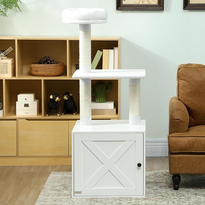 PawHut Cat Tree with Litter Box Enclosure, 2-in-1 Cat Tower with Bed, Climbing Platforms, Scratching Posts, Modern Pet Furniture for Indoor Kittens, White