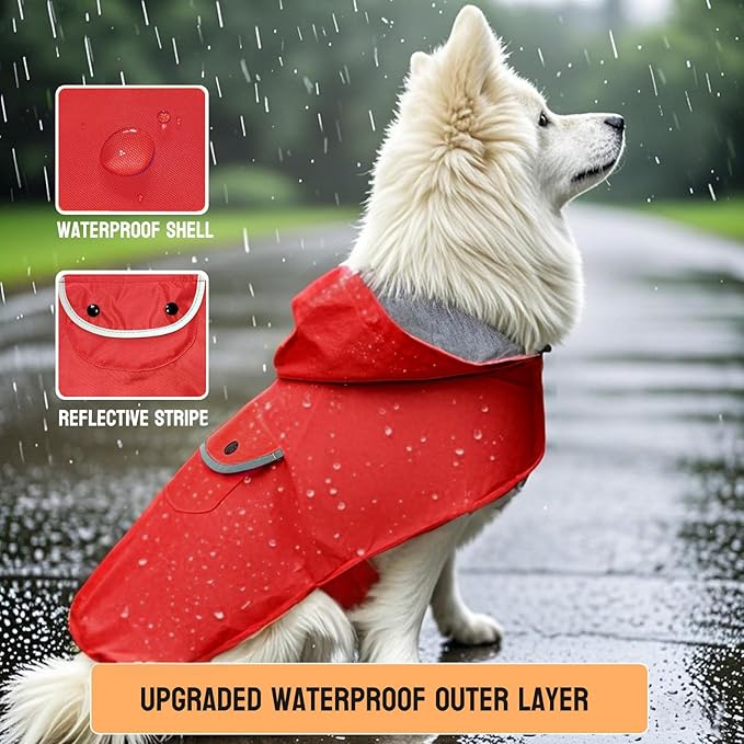 Dog Raincoat Rain Jacket for Puppy Small Dogs Waterproof Pet Clothes Reflective Poncho Rainwear Winter Warm Lined Pocket Hooded Leash Hole Adjustable,Red,XS,Back Length 6.7 Inch