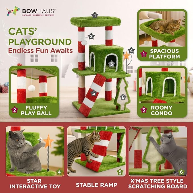 Christmas Cat Tree, Multi-Level Holiday Activity Cat Tree Tower with Scratching Post, Cozy Hammock, Fluffy Play Ball & Cave Condo, Indoor Christmas Decoration for Kitties, Gifts for Cat Owners