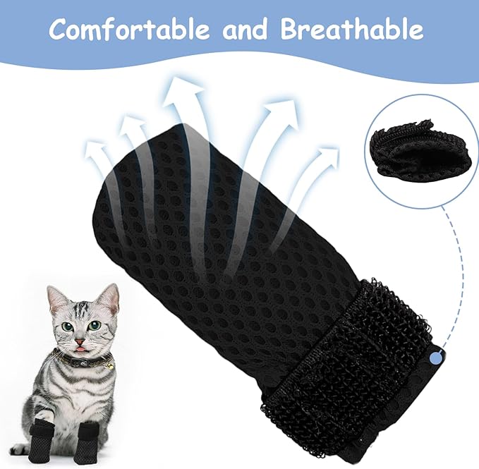 4 Pcs Cat Boots, Anti Scratch Cats Mittens, Breathable Cat Shoes to Prevent Scratching, Adjustable Mesh Cats Claw Protectors, Suitable for Kittens When Bathing and Nail Trimming(S,Black)