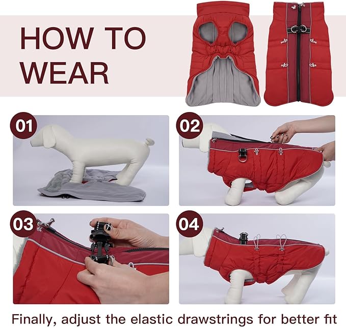 Medium Dog Coat - Warm Zip Up Snowsuit Dog Harness Vest, Reflective Water-Resistant Dog Jacket for Medium Dogs - Red