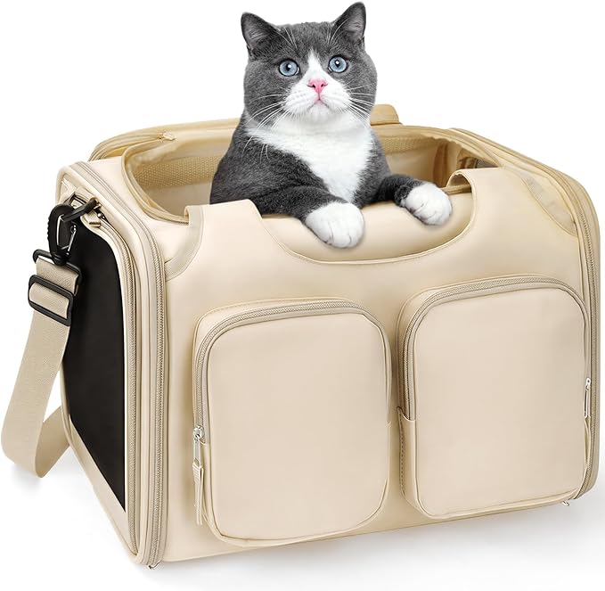 Dog, Cat Carrier for Pets Up to 12 Lbs, Airline Approved Collapsible Soft-Sided Pet Travel Bag with Locking Zippers, Breathable Mesh and 4 Large Pockets, Removable Fleece Pad (Beige)