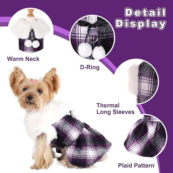 Dog Sweater with Leash Set Plaid Fleece Dog Clothes for Small Dogs Girl Boy Winter Pet Dress Cold Weather Coat Fall Sweater for Chihuahua Yorkie Cat Puppy Costumes (Purple, Small)