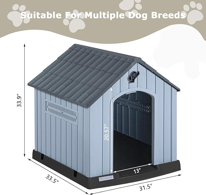 PUKAMI Dog House Outdoor Indoor for Medium Large Dogs, Plastic Dog House Weatherproof, Sturdy Puppy Shelter with Air Vents and Elevated Floor, Easy Clean and Assemble (Grey, 31.5"D x 33.5"W x 33.9"H)