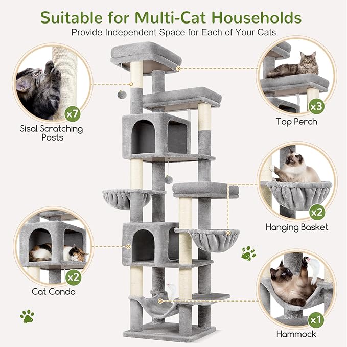 Globlazer 82 Inch Cat Tree for Large Cats, Multi-Level Tall Cat Tower for 4+ Cats with 2 Condos & 3 Perches, Stable No-Wobble Large Base, Space-Saving Corner Furniture, F82B, Light Gray