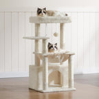 Heybly Cat Tree, Kitten Tower with Large Soft Cat Basket, Cat Condo with Spacious Cat Bed Cave with Hidden Space, Sisal-Covered Scratching Posts, Dangling Ball for Indoor Cats, Beige HCT008SM
