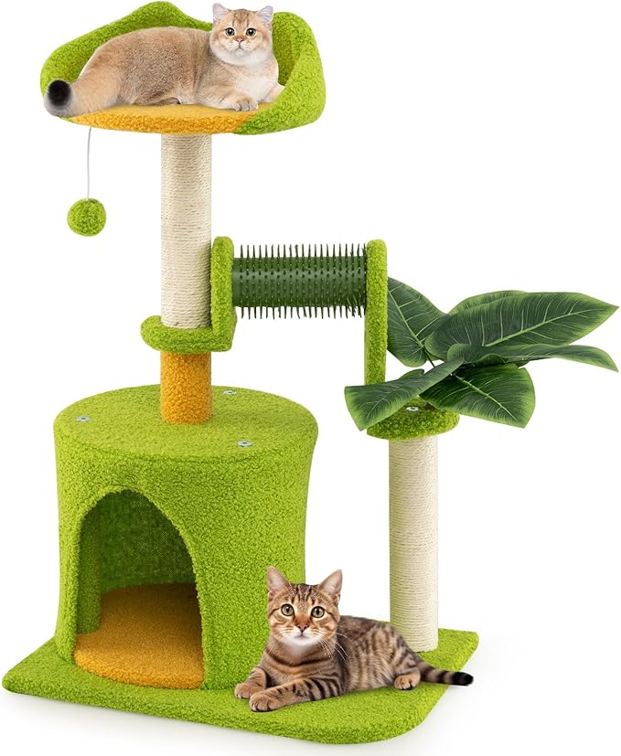 PETSITE Palm Cute Cat Tree, 31 Inches Tall with Sisal Scratching Posts, Condo, Dangling Ball, and Self Groomer, Ideal for Indoor Small & Medium Cats (19 x 13 x 31 inches)