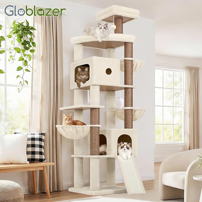 Globlazer Heavy Duty Cat Tree, 83 Inch Giant Cat Tower with 7 Scratching Posts, Multi-Level Large Cat Condo for Indoor Cats Large Adult, 2 Perchs, 3 Sturdy Hanging Baskets, Cat Toys, F83C, Beige