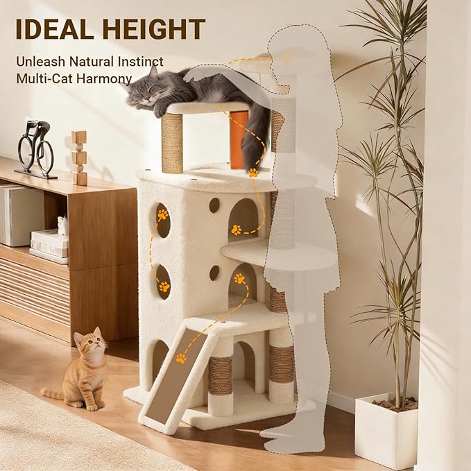 【Tank-Sturdy Tower】 PetDance Heavy Duty Cat Tree for Cats Fits Kittens to XL Maine Coons, Cat Tower with Scratching Posts, Cat Climber with 3 Spacious Hideaway, Beige