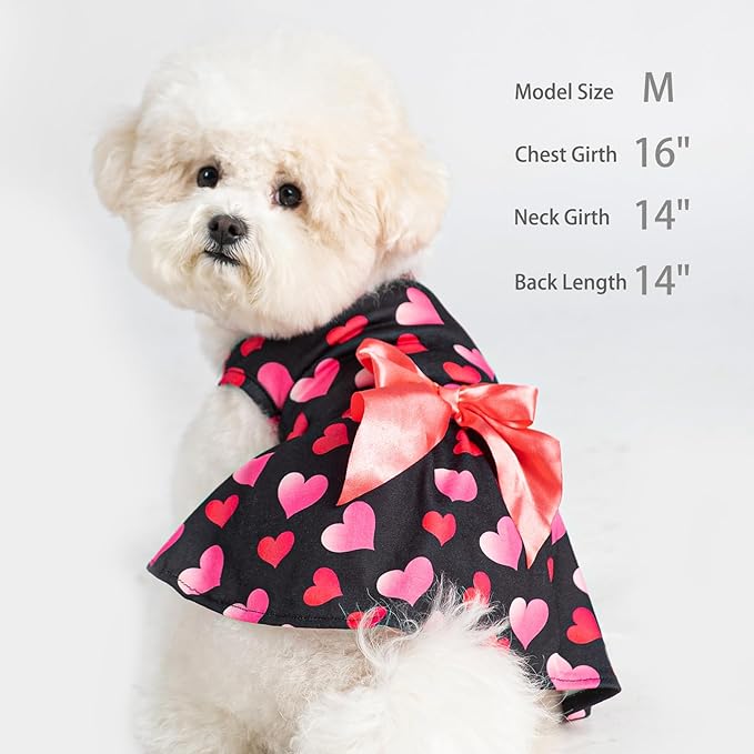 PUPTECK Print Dog Spring Dress Pet Costumes Apparel with Cute Bowtie Puppy Clothes Outfit, Heart, M