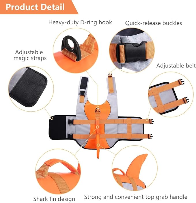 ASENKU Dog Life Jacket - Pet Safety Vest for Swimming & Boating, Shark Life Jacket with Floatation, Dog Lifesavers Swimsuits for Small Medium Large Dogs (Orange, M)