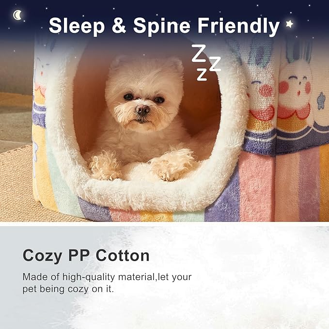 JIUPETY Cute Cat Houses for Indoor Cats, Dog Bed with Cover Cave, M Size Cat Cave for 6-11 Lb Dogs and 9-17 Lb Cats, Igloo Dog House with Non-Slip Bottom, Rainbow
