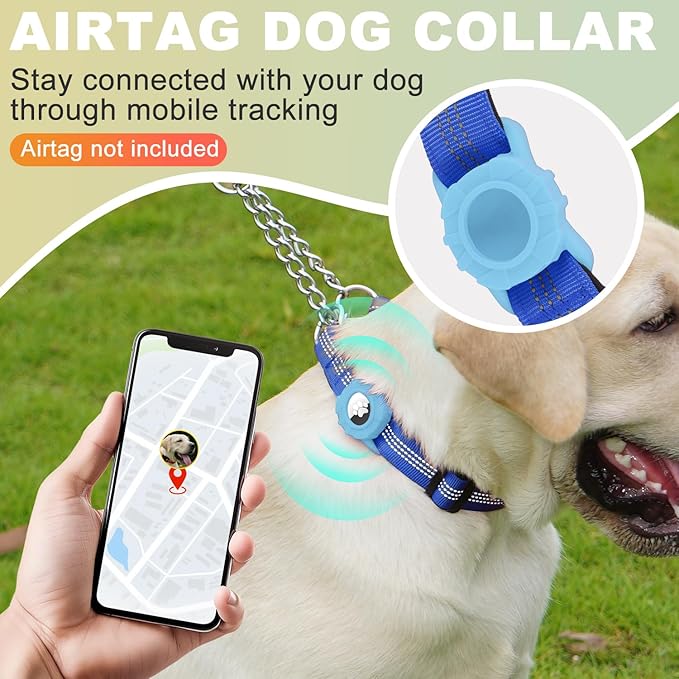 Cymiler Martingale Dog Collar with AirTag Holder, Reflective Nylon Training Collar, Stainless Steel Chain, Heavy Duty Buckle, Limited Slip Collars for Small Medium Large Dogs (Blue, Medium)