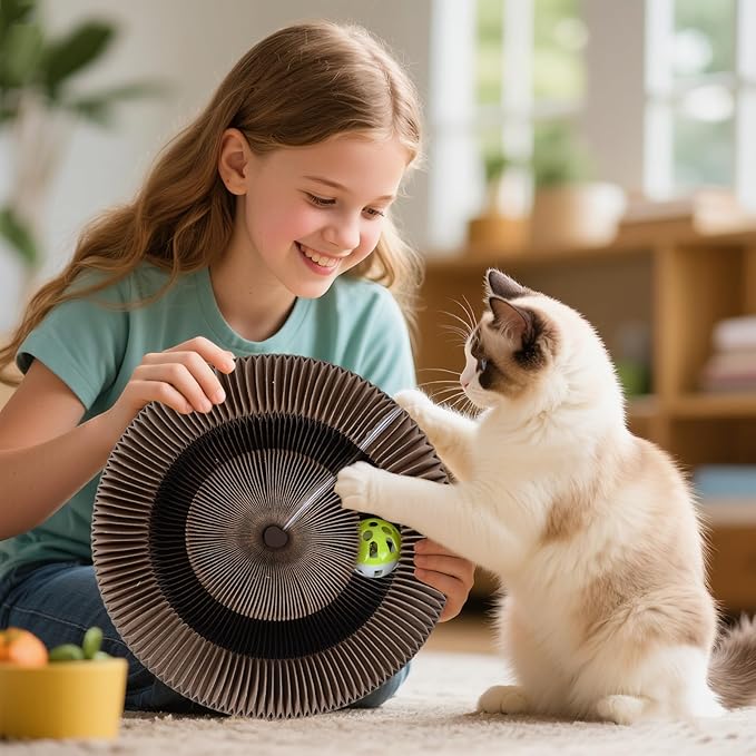 Qoosea Kitty Kurlz Indoor Cat Toy, Cat Paw-Shaped Accordion Cat Scratcher with Bell Ball & Magnetic Design, Made of Corrugated Cardboard and Sturdy