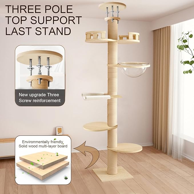 Floor to Ceiling Cat Tree, Height Adjustable Cat Tower with 6 Tiers and Hemp Rope Scratching Posts, Stable Multi-Level Activity Center, Perfect for Indoor Cats and Large Breeds Brown