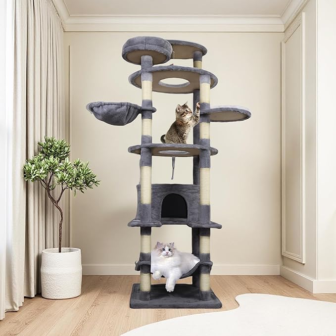 Adorable Flower Cat Tree Tower – Multi-Level Cat House with Cozy Condo, Scrat Ching Posts, Hammock & Play Perch for Indoor Cats, Large Top Perch, Hammock, Tall Pet Climbing Stand (Dark Gray 78”)