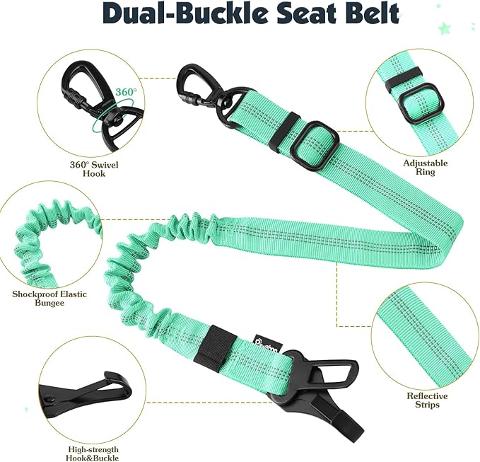 Pawaboo Dog Seat Belt Harness for Car, Dog Car Harness Seatbelt with Double Clips, Adjustable Breathable Pet Vest & Dogs Safety Tether with Elastic Bungee for Small Medium Large Pet, M, Blue + Black