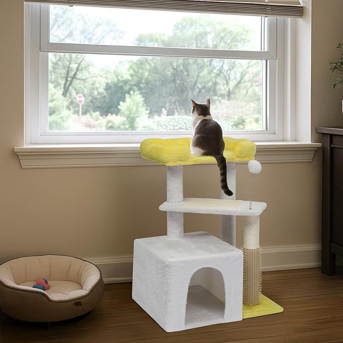 Cat Tree for Indoor Cats, 27'' Small Cat Tower Cat Condo with Sisal Scratching Ramp, Cozy Hammock and Removable Flower Bed Perch for Kittens (Off White)