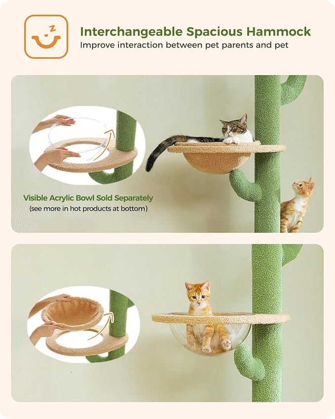 PETEPELA Floor to Ceiling Cat Tree [87"-100"] Height Adjustable, 5 Levels Cactus Cat Tower with Perch&Replaceable Hammock(Visible Acrylic Bowl), 4.1" Super Robust Cat Scratcher, Cactus Green