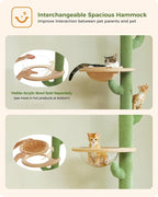 PETEPELA Floor to Ceiling Cat Tree [87"-100"] Height Adjustable, 5 Levels Cactus Cat Tower with Perch&Replaceable Hammock(Visible Acrylic Bowl), 4.1" Super Robust Cat Scratcher, Cactus Green