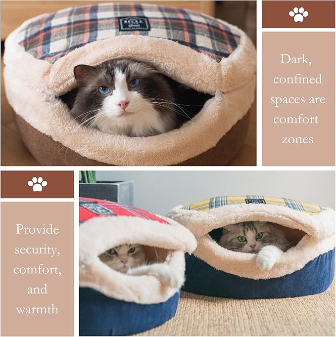 Cat Bed Cave – Enclosed Self Warming Hideaway with Detachable Lid & Mat, Covered House for Indoor Kitten & Kitty (Yellow)