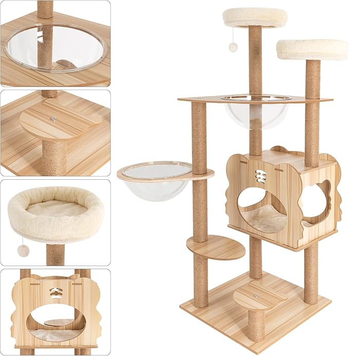 Modern Cat Tree Tower, Indoor Multi-Level Large Cat Condo with Scratching Posts & Acrylic Dome, Floor Standing MDF 54 Inch Round Top Perch Cats Furniture Bed House for Kitten