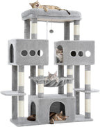 Hey-brother Cat Tree Tower, Large Sisal Scratching Posts with Big Platform, 3 Spacious Condos, Plush Hammock, Toy, 57.5 Inches Multi-Level Furniture for Indoor Adults Maine Coon, Light Gray MPJ083W